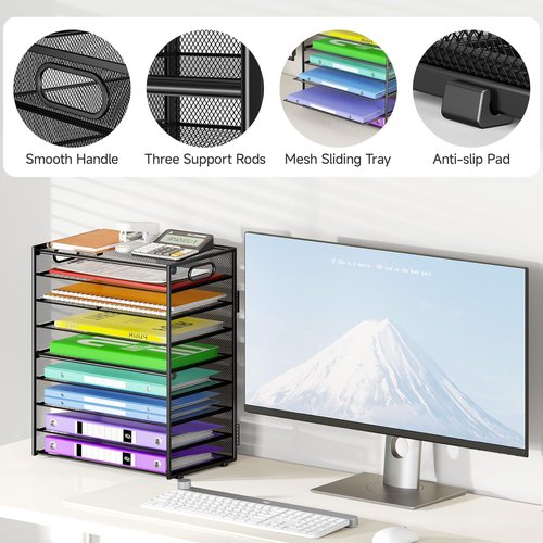 Cawukege 9 Tier Paper Organizer with Handle, Large Capacity Desk Organizer Mesh File Folder Letter Paper Tray Desktop Document Sorter for Classroom, School, and Office Accessories Organization- Black