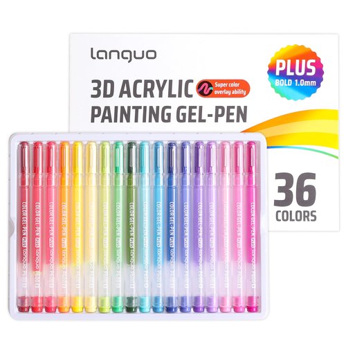 languo Acrylic Gel Pens for Coloring, 36 Colors Set 3D Acrylic Paint Pens with 1mm Bullet Tip for Adult Coloring, Gel Pens for Black Paper, Rock, Glass, Fabric, DIY and Art Crafts Supplies