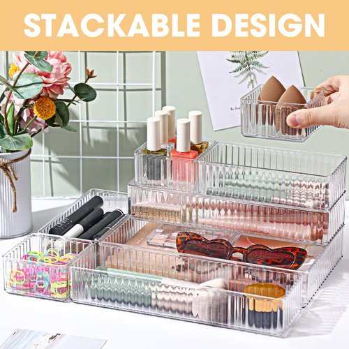 Teenyyou 18 Pcs Clear Drawer Organizer Stackable 4 Size Clear Makeup Drawer Organizer Trays Acrylic Bathroom Vanity Storage Bins for Cosmetic, Jewelries, Office Supply, Kitchen Utensils(Stripes)