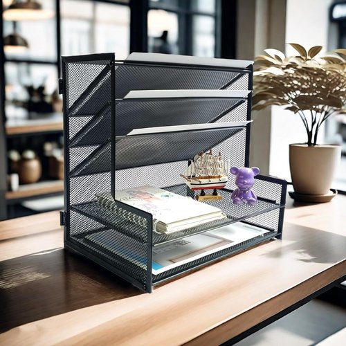 SETTFRFE Office Supplies Desk Organizer,Metal Desktop File Holder Organizer with 5 Tier Paper Tray,Black