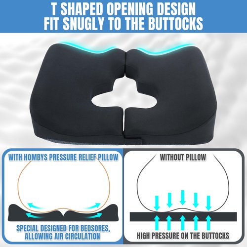 HOMBYS Memory Foam Bed Sore Cushions for Butt,Bedsore Pressure Relief Pillow for Sleeping and Sitting,Cushion for Bed Sores on Buttocks, T Shaped Opening Tailbone Pillow (Dark Grey)