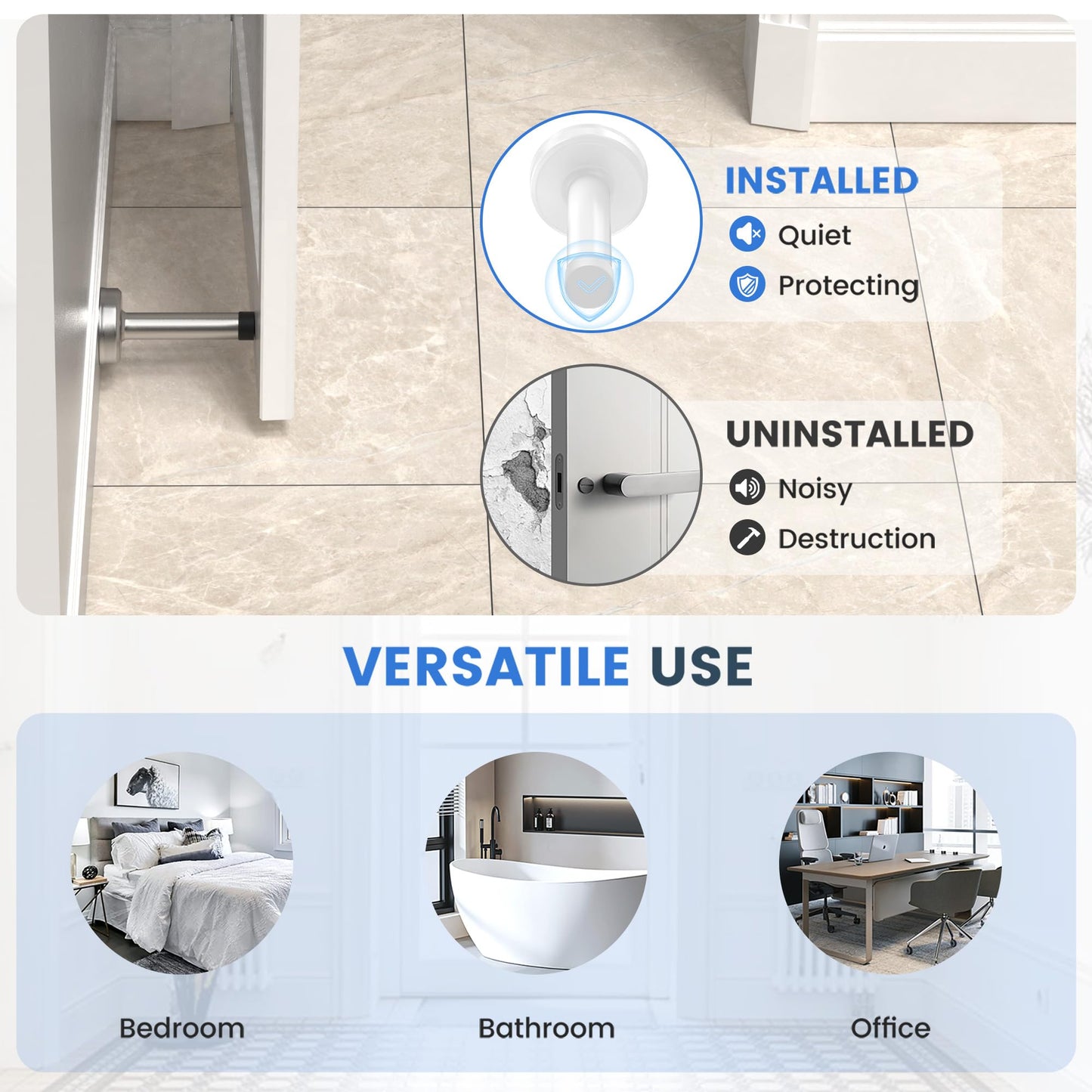 2 Pack Door Stops, Stainless Steel Door Stoppers, No Drilling Door Stops for Bottom and Top of Door, All White