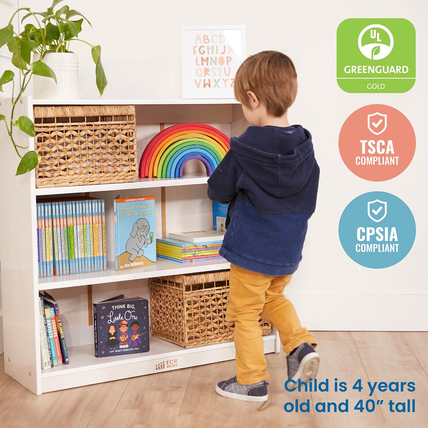 ECR4Kids Classic Wooden Bookcase with Adjustable Shelves, 36in, Classroom Bookshelf, White Wash