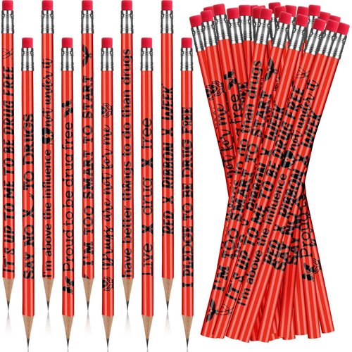 Frienda 200 Pcs Bulk Red Ribbon Awareness Pencils for Students Teacher Say No to Drugs Pencils with Erasers for Red Ribbon Week Anti Bullying Awareness Campaigns Teacher Office Supplie