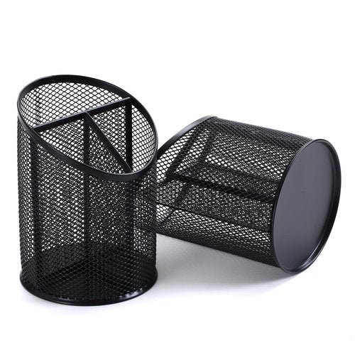 Nicunom 4 Pack Pen Holder Mesh Pencil Holder Round Pen Cup for Desk, 3 Compartments Desktop Pencil Organizer for Office Home School, Black