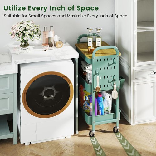 danpinera 3 Tier Rolling Cart, Metal Utility Cart with Wooden Table Top & DIY Pegboard, Rolling Carts with Drawer, Storage Cart Craft Cart with Hooks & Hanging Cups for Kitchen, Bathroom, Office