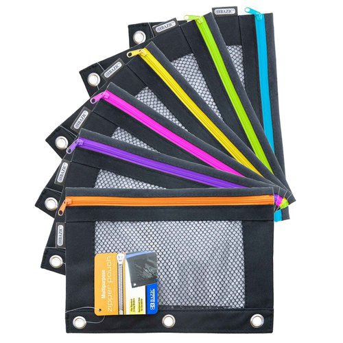 BAZIC Products Pencil Pouch 3 Ring Binder Pouch w/Rivet Enforced Rings Holes, Neon Black Color Mesh Window Zipper Pouches, 24-Pack
