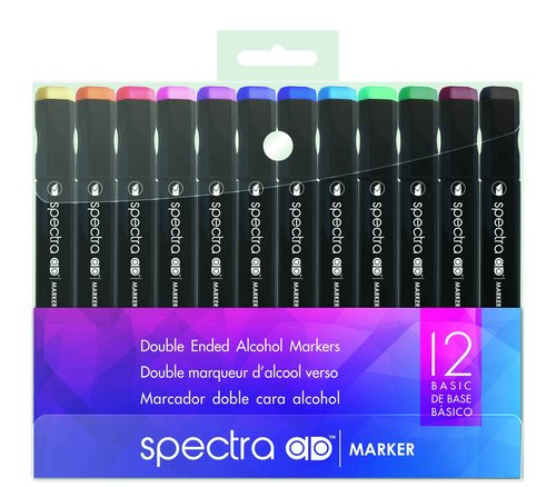 AD Marker Chartpak Spectra, Tri-Nib and Brush Dual-Tip, 12 Assorted Basic Color Set in Plastic Case, 1 Each (SBASIC12AD)