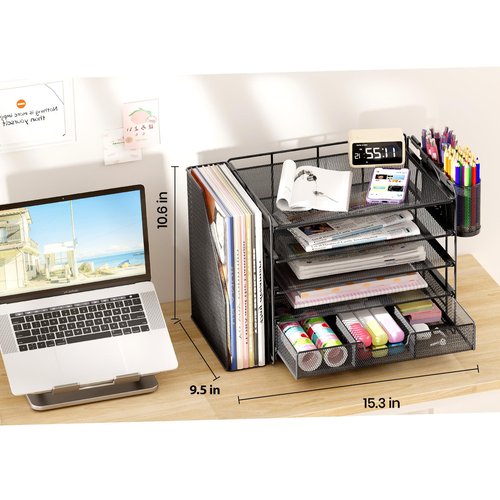 OPNICE Desk Organizers and Accessories, 5-Tier Paper File Organizer with Drawer & Pen Holder, Office Desk Accessories Workspace Desktop Organizer for Office Supplies(Black)