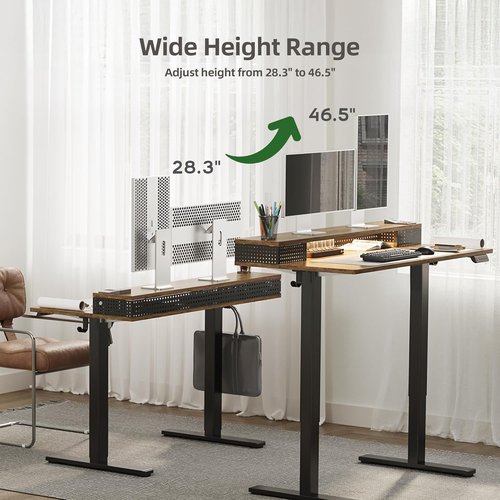 Claiks Electric Standing Desk - 55 Inch Height Adjustable with LED Lights & Monitor Stand | Black Frame/Rustic Brown Top