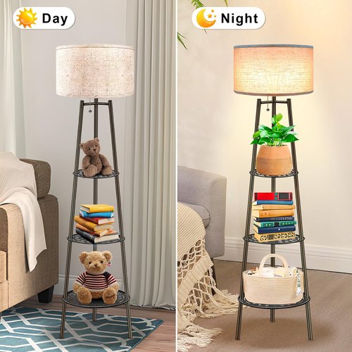ZQQLITE 2 Pack Bronze Floor Lamp with Shelves for Living Room， Standing Lamp，Tall Lamp， Amparas Elegantes para Sala with Linen Shade，Modern Floor Lamp for Living Room，Bedroom or Office（Bronze ）
