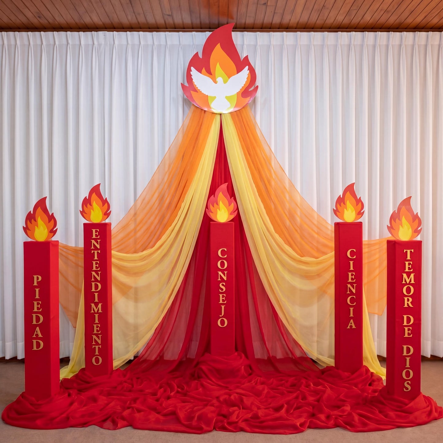 Zhengmy Pentecost Decorations Set- Red Yellow Orange Long tulle Photo Backdrop Drapes Dove Pigeon Flame Cutouts, Holy Spirit Religious Backdrop Supplies for Church Sunday School, Christian Holiday
