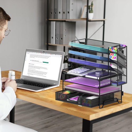 7 Tier Desk File Organizer, Letter Tray Paper Organizer with Pen Holder & Drawers for Office Home, Metal Desktop Organizers and Accessories for Study and Workspace，Black