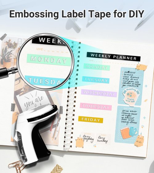 Embossing Label Maker Machine with-Tape, Vintage Embossed Label Maker Manual, Retro 3D Black Emboss Labeler with 10 Rolls 9mm Macaroon Embossing Label Tapes for Home Kitchen School Kids