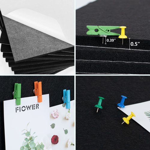 AKTOP Black Cork Bulletin Board 12x12, 1/2" Thick Felt Cork Board Tiles 12 Pack, Small Square Pin Board for Wall, Self Adhesive Corkboards with 120 Push Pin Wood Clips for School, Home & Office