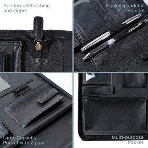 POPRUN Portfolio Binder with Zipper, Leather Padfolio Document Organizer with Storage, Professional Business Briefcase ideal for Meeting Presentation Work-Includes 50 Sheet Writing Pad, Black