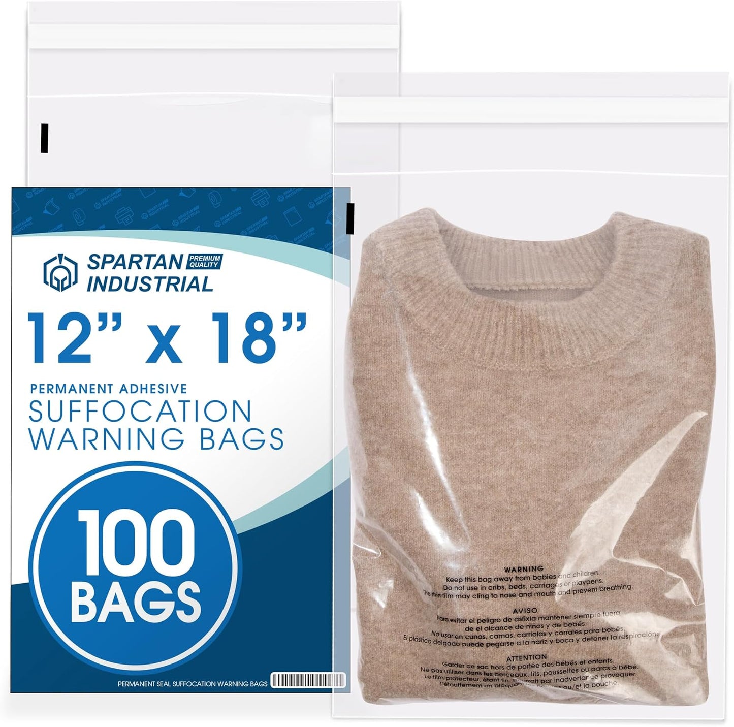 Spartan Industrial - Self-Seal Clear Poly Bags | 12” X 18” (100 Count) with Suffocation Warning for T-Shirts