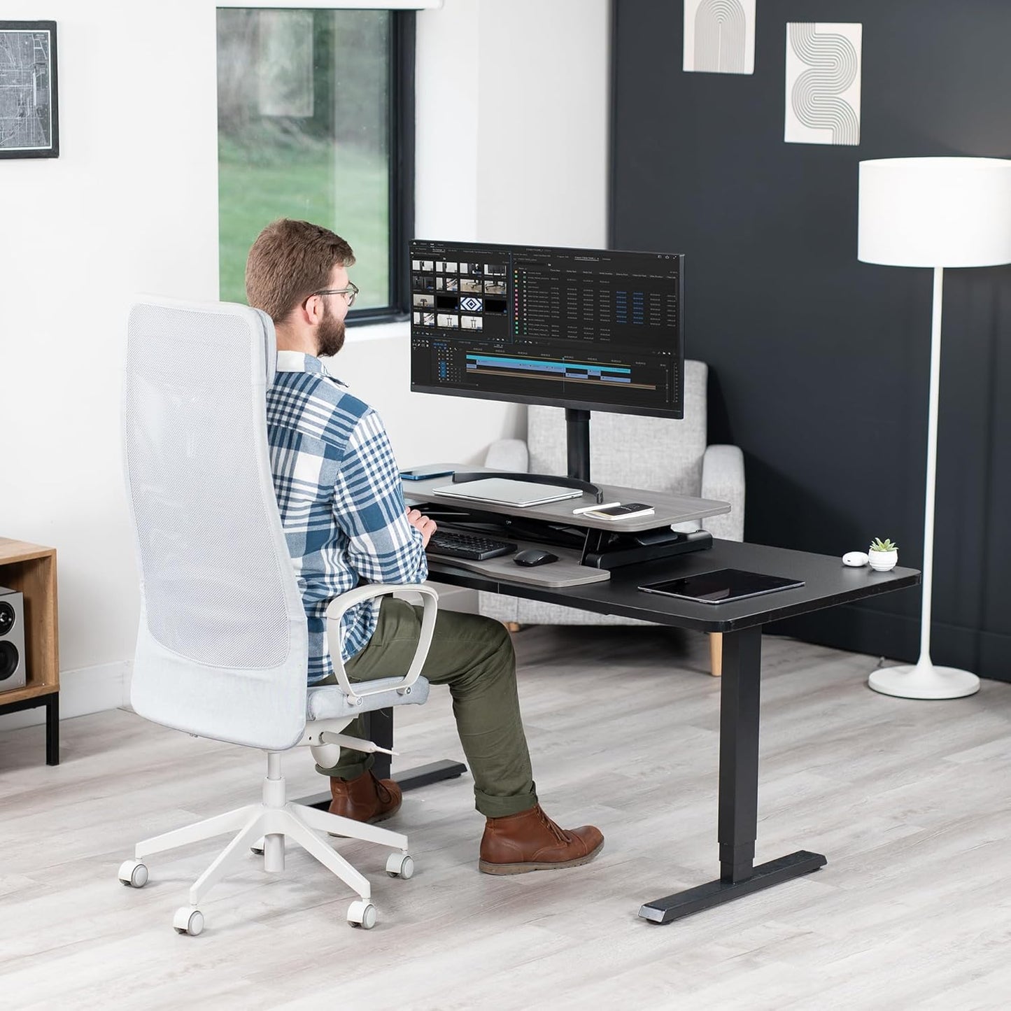VIVO 36-Inch Height Adjustable Desk Converter - Sit to Stand Dual Monitor Workstation | Gray Top, Black Frame