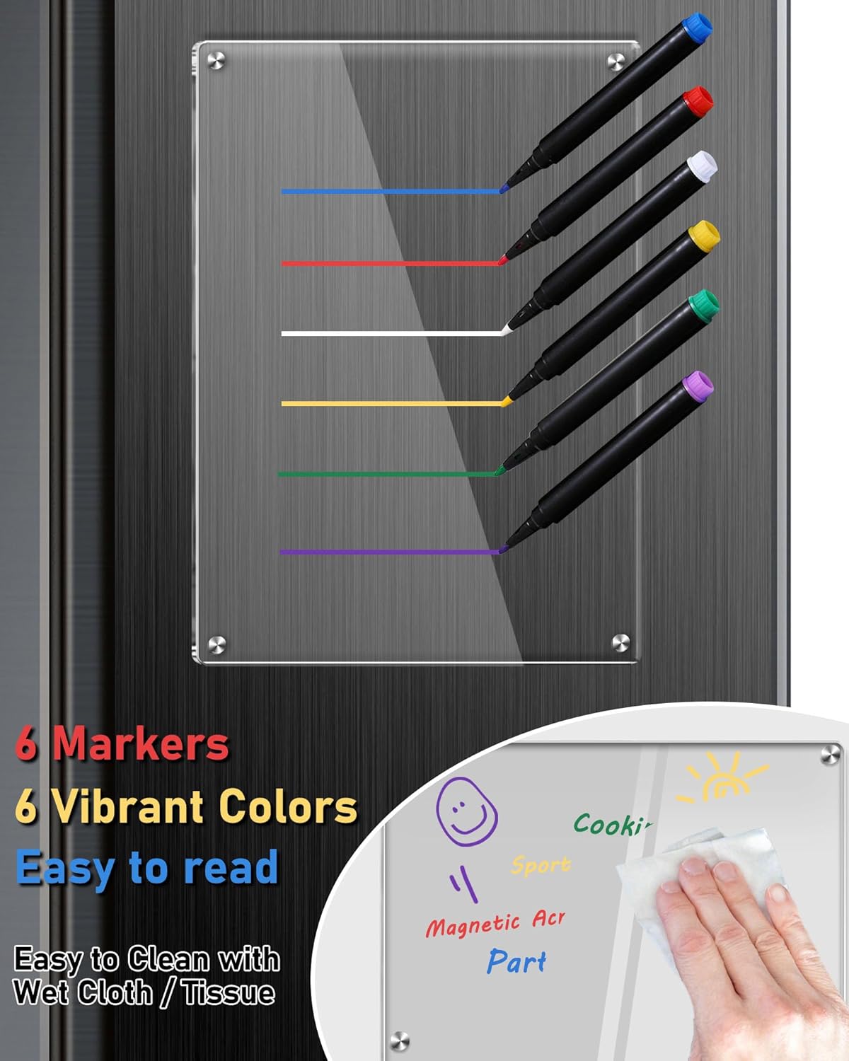 Skiennix Clear Acrylic Magnetic Dry Erase Board - 12"x8" Refrigerator Whiteboard with 6 Color Markers | Weekly Planner Calendar
