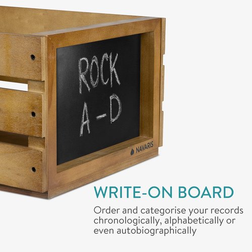 Navaris Wood Record Crate - Vinyl Album Storage Holder Box Wooden Case with Chalkboard Sign Board - Holds up to 80 LP Records - Dark Brown