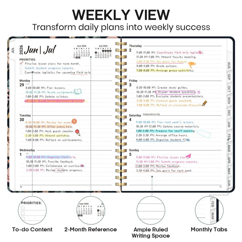 Academic Planner 2026-2027, Weekly and Monthly Calendar Book, July 2026 – June 2027, Hardcover Planner with Tabs, Perfect for Teachers, Students, Women & Men, A5 (6.4" x 8.5") - Evening Petals