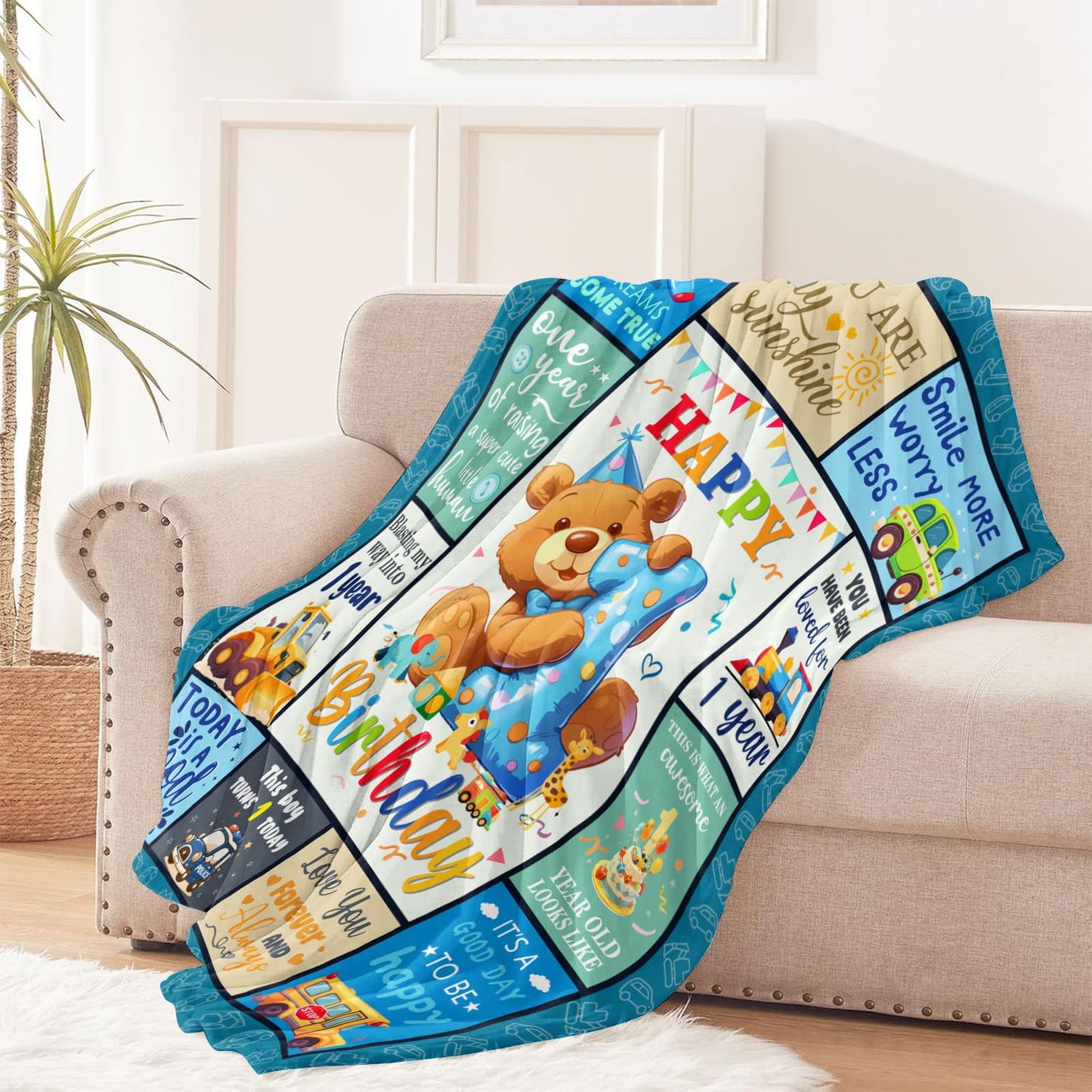 CIUGOIG 1 Year Old Boys Gifts, Happy 1st Birthday Blanket 50"x40", 1st Birthday Gifts for One Year Old Boys, Baby Boy First Birthday Gift Ideas, Teddy Bear 1st Birthday Decorations for Boy Blanket