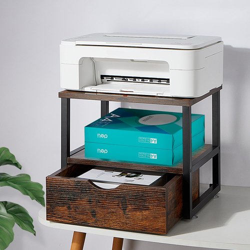 jarrvz 2 Tier Desktop Printer Stand,Printer Stand with Drawers,Printer Shelf for Top of Desk ，Multi-Purpose Desk Organizer for Home Office, Fit Fax Machine, Scanner,Rustic Brown