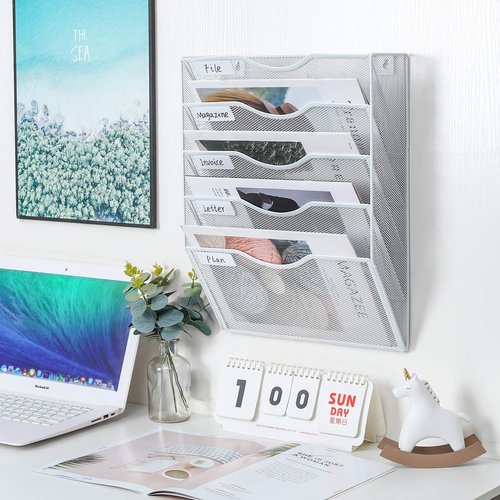 PAG Hanging Wall File Holder Mail Organizer Wall Mount Document Letter Rack, 5-Tier, White
