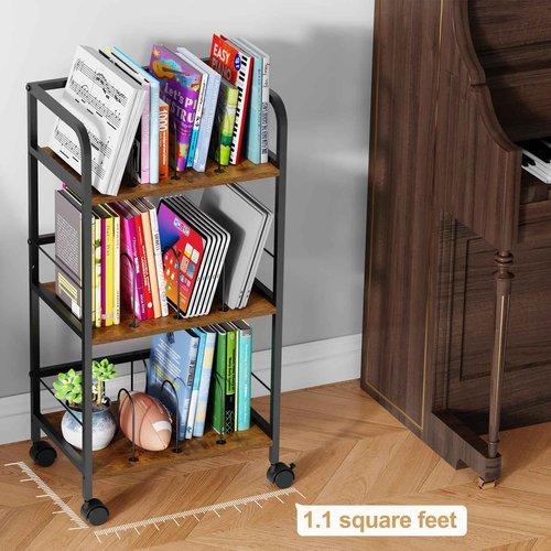 Rolling Book Cart with Removable Dividers, 3-Tier File Cart with Wheels, Utility Storage Rack for Office, Home, Classroom, Art Supply Organizer, Binder and Laptop Shelf Rack