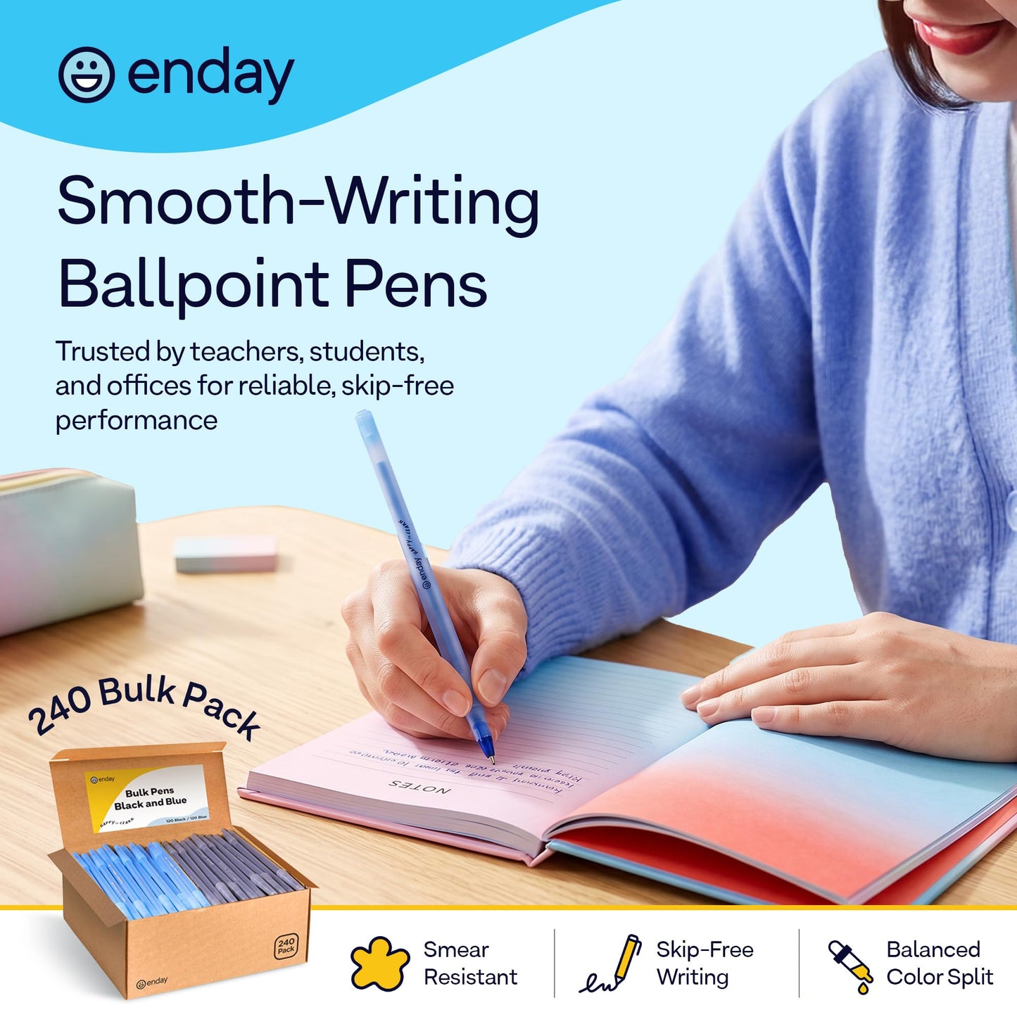 Enday Ballpoint Pens Bulk Blue and Black Pens (240 Pack) 120 Black & 120 Blue - Medium Point (1.0mm) Flexible Round Barrel For Writing Comfort, Pens Bulk for School, Home and Office.