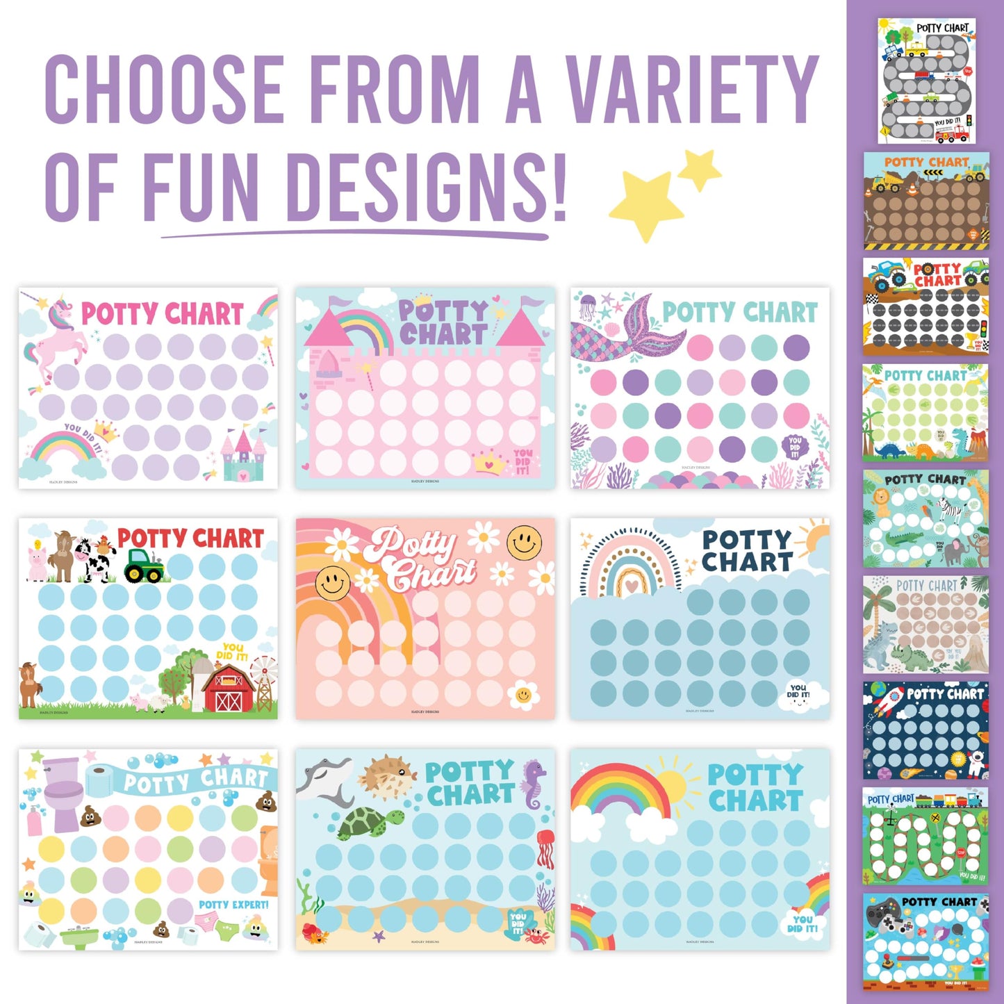 Hadley Designs Potty Training Chart for Toddlers Girls -10 Sticker Potty Chart for Toddlers Girls, 8.5x11" Potty Training Sticker Charts for Toilet Success, Mermaid Toddler Reward Chart for Kids