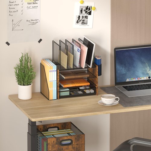Piskyet Wooden Hanging File Organizer for desk, Metal Mesh File Folder Organizer Crate Cabinet Storage Box with Handle for Home Office Desk,Letter - Size,Rustic Brown