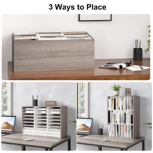 Alpeir Mail Organizer Countertop, 27 Slots Wooden Desk File Literature Sorter, Adjustable Paper Storage Shelves Document Holder, Space Saving Desktop Mailbox for Office Classroom, Retro Grey/White