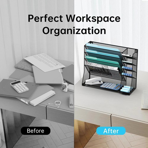 JMHUD Wall File Organizer, 5-Tier Desk Organizer with 4 Pen Slots, Vertical Hanging Wall File Folder Holder with R-shaped Bottom Tray, Mesh Mail Holder Desk Organization for Office, Black