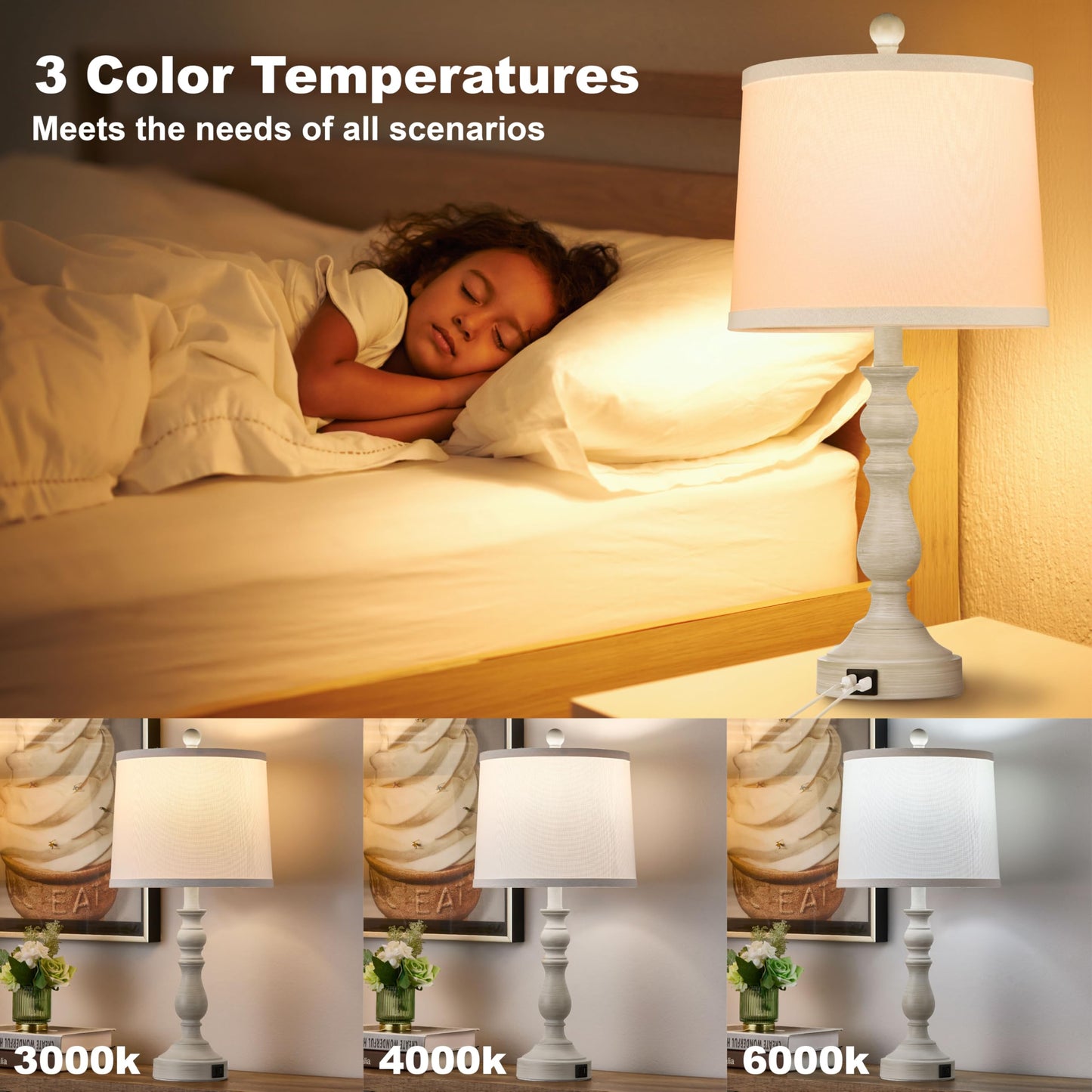 Leasgy 23'' Farmhouse Table Lamps for Living Room Set of 2 with USB C+A Ports, Retro Bedside Lamp for Bedroom, Office, Dining Room, Knob Switch, 3 Color Temperatures, Bulb Included, Beige