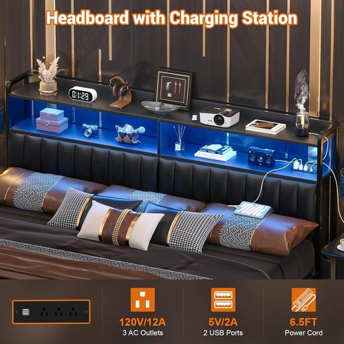 Aheaplus King Size Upholstered Headboard - Adjustable Height, USB Ports & LED Light, Black