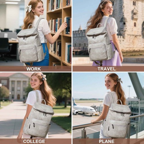 Mroede Leather Laptop Backpack for Women, 15.6 Inch Travel Backpack with Laptop Compartment, Casual Daypack Fashion Travel Backpack Purse for Travel College Work, Grey