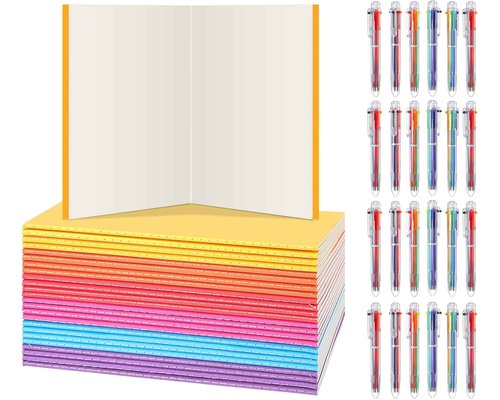 Fullhawl 48 Pcs Colorful Blank Notebook and 6-in-1 Multicolor Ballpoint Pen Set 5. 5 x 8. 3 in Blank Unlined Journals A5 Plain Paper Sketchbooks Retractable Pens for School Office Supplies Gift