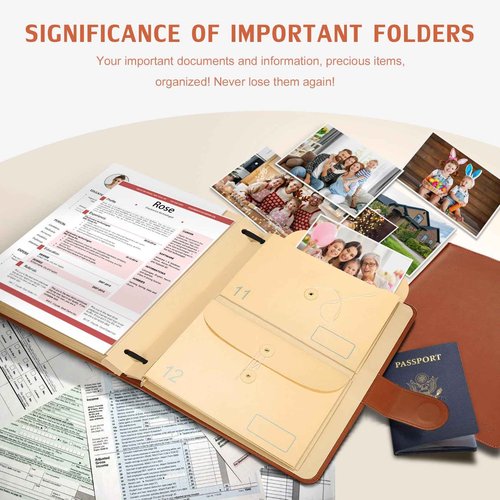 JOYCE Important Document Organizer, Life File Manager with Labels, for Managing Letters, Photos, Birth Certificates, Social Security Cards, Passport, Ring Binder (Brown Leather)