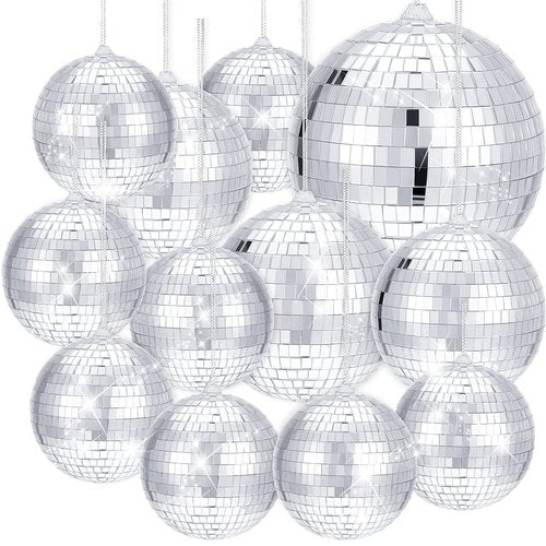 WILLBOND 12 Pack Disco Ball Mirror Ball with Hanging Ring for Fun Retro Disco Party Decorations Party Dj Lighting Effect Stage Props Game Accessories, 5.91", 3.94", 3.15", 2.36"(Silver)