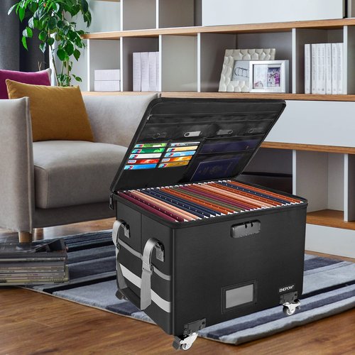 ENGPOW Fireproof Document Box with Wheels, Collapsible File Box with Lock, Rolling File Storage Organizer Filing Cabinet with Pockets, Portable Home Office Safe for Hanging Letter/Legal Folder