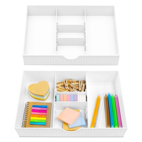 CAXXA 2PK - 3 Slot Drawer Organizer with Two Adjustable Dividers - 5 Compartments Drawer Storage Junk Drawer Organizer for Office Desk Supplies and Accessories, White