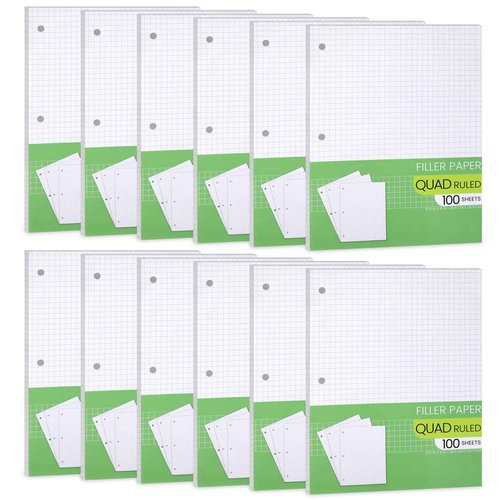Graph Paper, Filler Paper Loose leaf Graph Paper - 8” x 10.5" - Graph Ruled, 4x4 Quad Ruled Notebook Paper, 3 Hole Punched Loose leaf Papers for 3 Ring Binders - 100 Sheets per Pack (12 Pack)