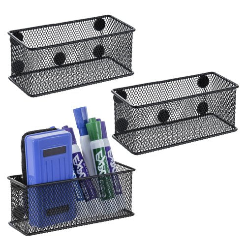 MyGift 3 Pack Black Metal Wire Mesh Magnetic Marker Holder for Whiteboard, Office Desktop Supply Organizer Basket for Pens, Pencils and Accessories