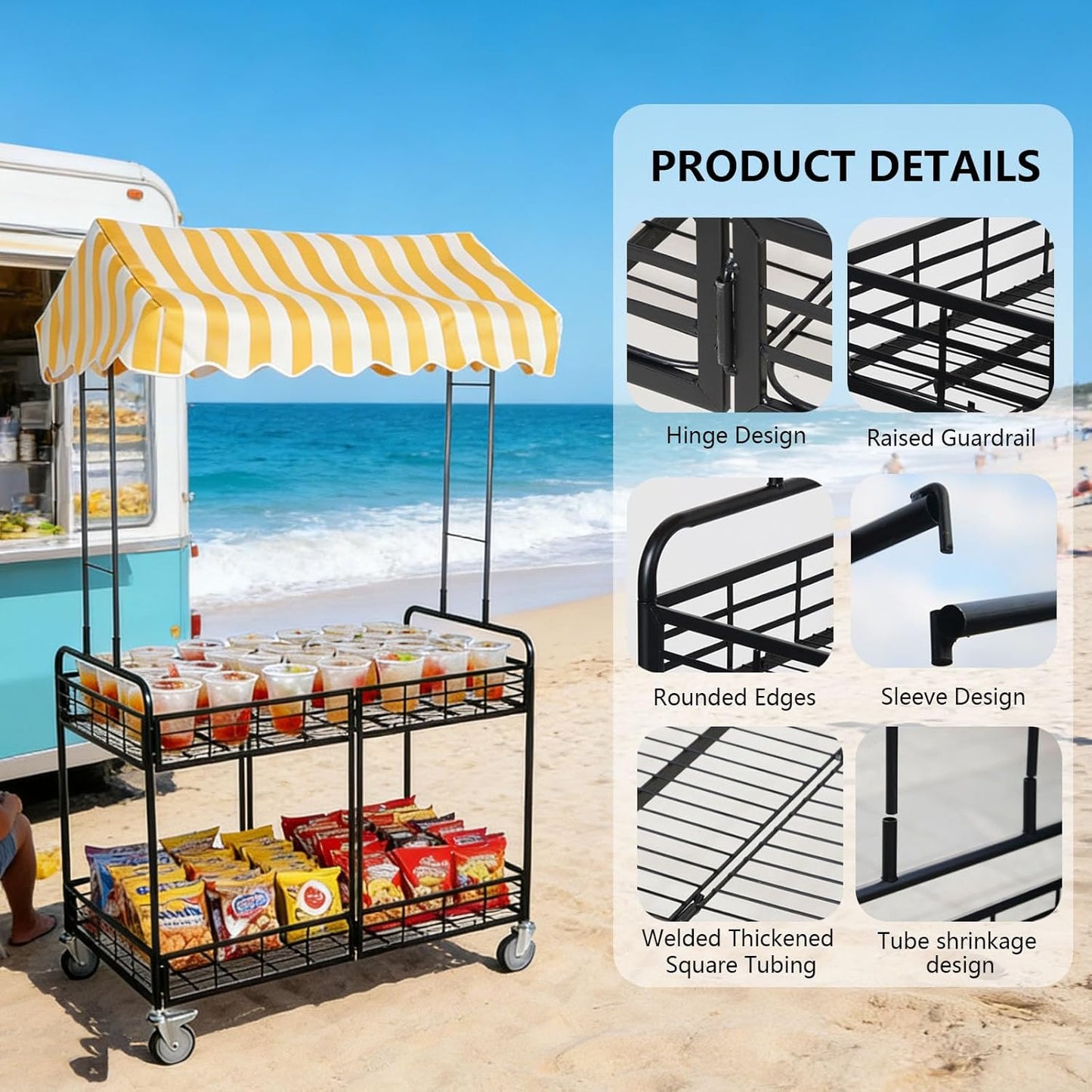 Skiennix Folding Vendor Stall Cart - 2-Tier Mobile Food Display Stand with Canopy | Lockable Wheels, Pink & White, 35.4in