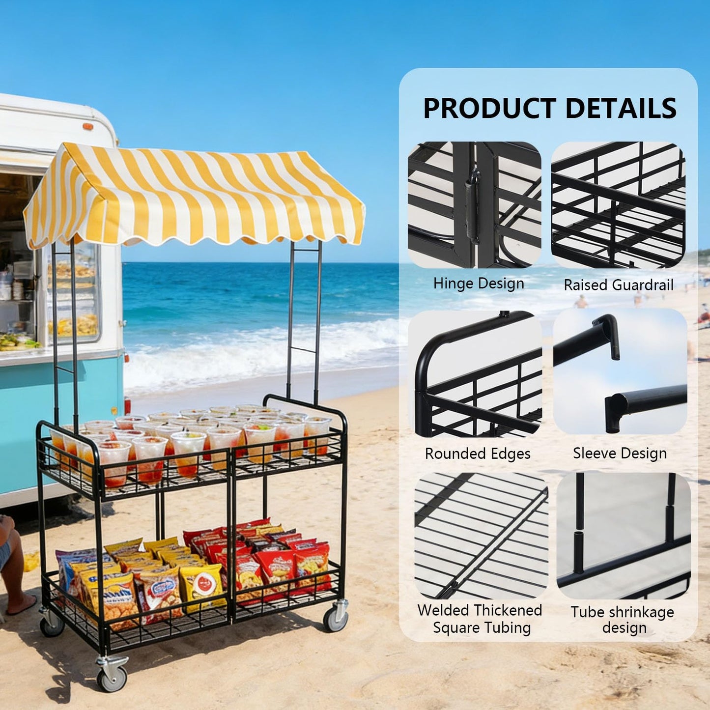 Folding Vendor Stall Cart with Canopy 2-Tier Mobile Food Display Stand On Lockable Wheels Flexible Storage Thickened Square Tube Suitable for Farmers Markets and Street Stalls Pink + White 43.3in
