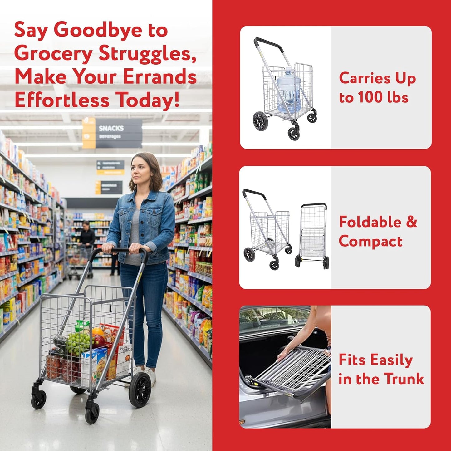**dbest Products Cruiser Cart Deluxe - Heavy-Duty Foldable Shopping Cart with Wheels & Brake - 100 lbs Capacity, Silver Alloy Steel**