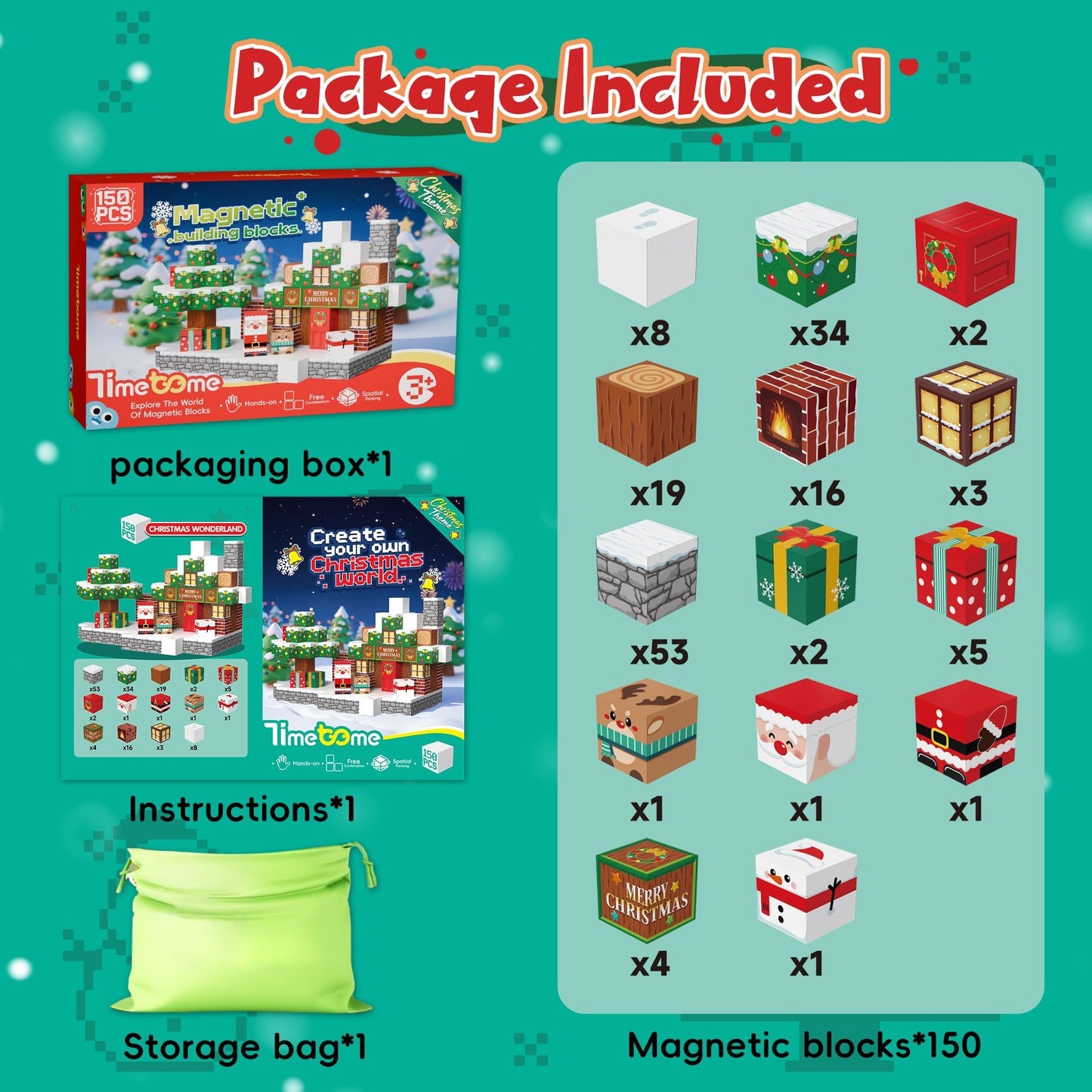 Timetome Magnetic Blocks, 150PCS Magnetic Building Block Cubes, STEM Montessori Sensory Toys for Kids Boys Girls Ages 3 4 5 6 7 8 9 10 (Christmas Version)