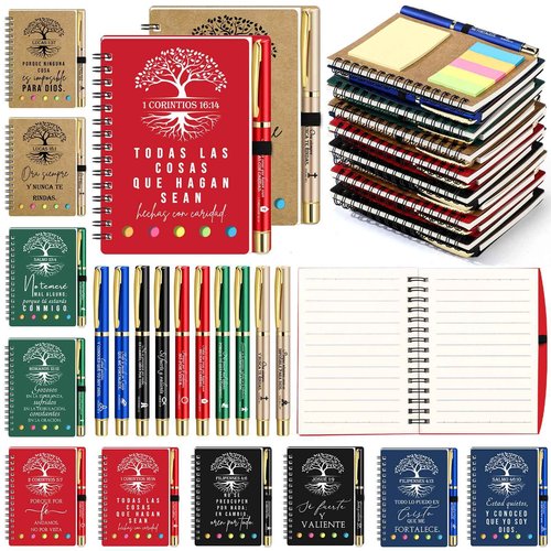 Dunzoom 40 Pcs Christian Gifts Bulk Religious Prayer Journal Notebooks with Sticky Notes Ballpoint Pens Christmas Church Gift for Men Women Sunday School Gifts (Spanish Classic Style)