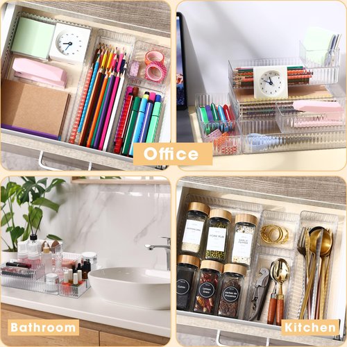 Teenyyou 18 Pcs Clear Drawer Organizer Stackable 4 Size Clear Makeup Drawer Organizer Trays Acrylic Bathroom Vanity Storage Bins for Cosmetic, Jewelries, Office Supply, Kitchen Utensils(Stripes)